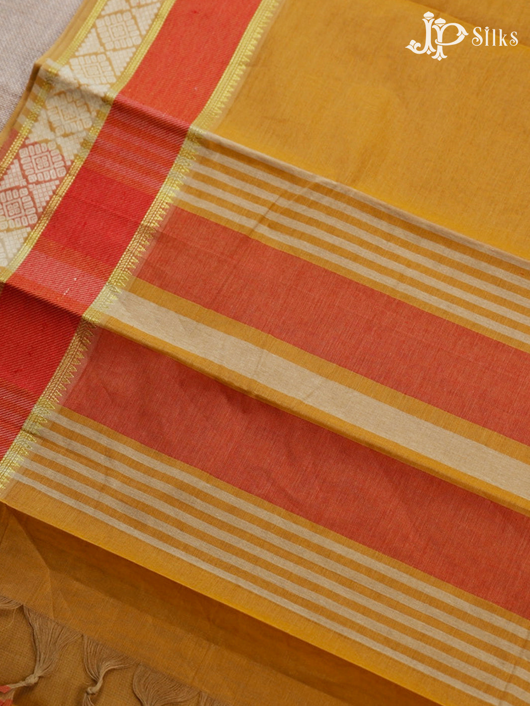 Mustard Yellow And Red Cotton Saree - F2786