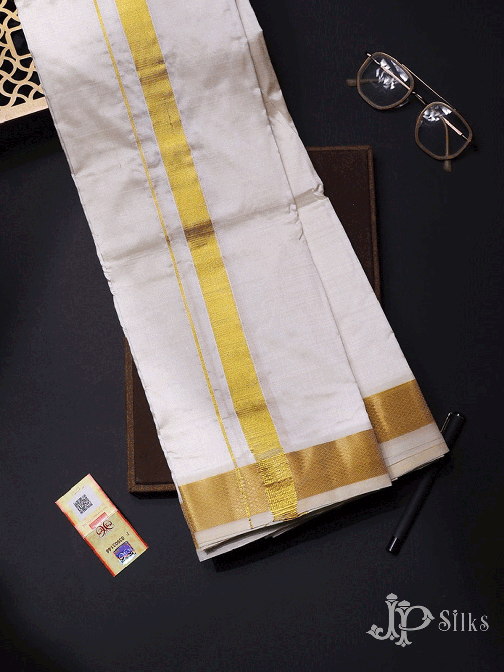 White Pure Silk Dhoti for Men - D7646 - View 1
