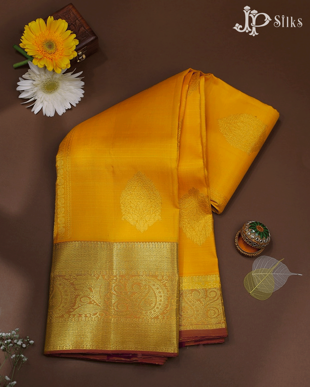 Lemon Yellow and Brown Vertical Lines Kanchipuram Silk Saree - E4712