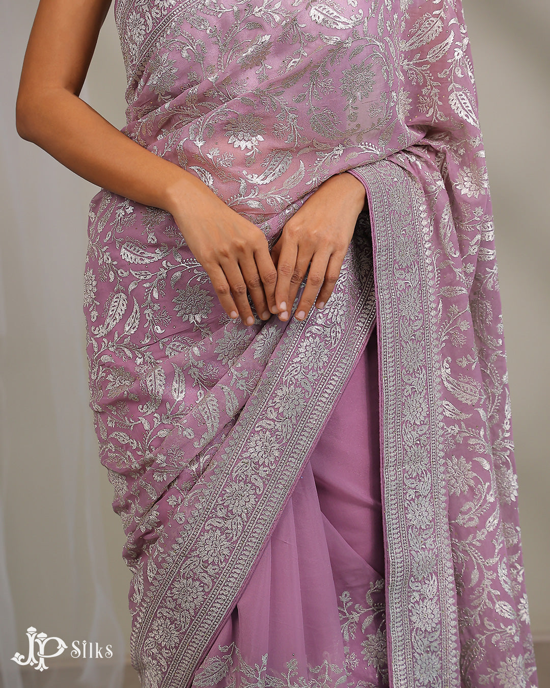 Lavender Fancy Saree with Floral Embroidery and Stone Work - E5515