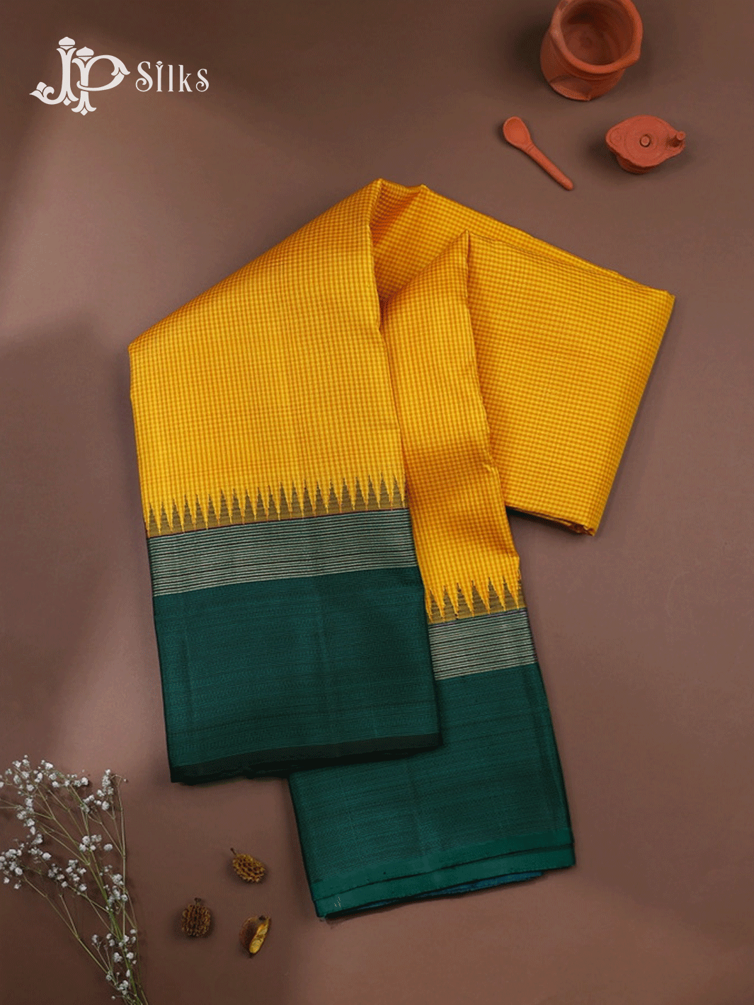 Yellow and Bottle Green Kanchipuram Silk Saree - E5212 - View 1