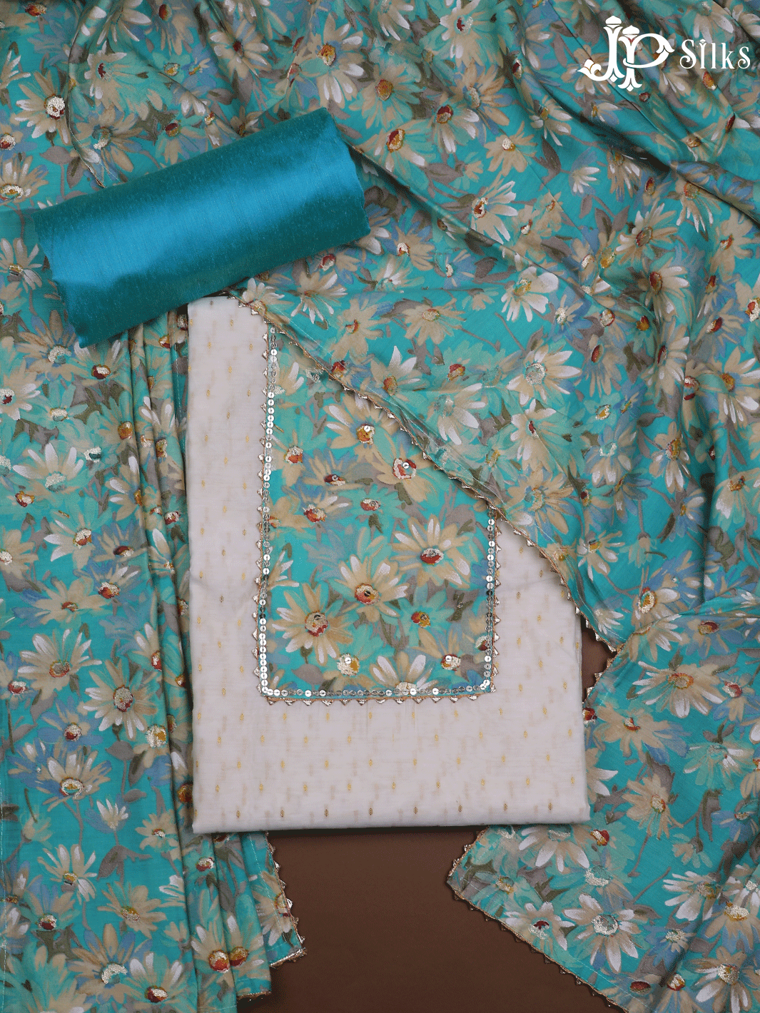 White and Teal Blue with Floral Design Semi Chanderi Chudidhar Material - E6137