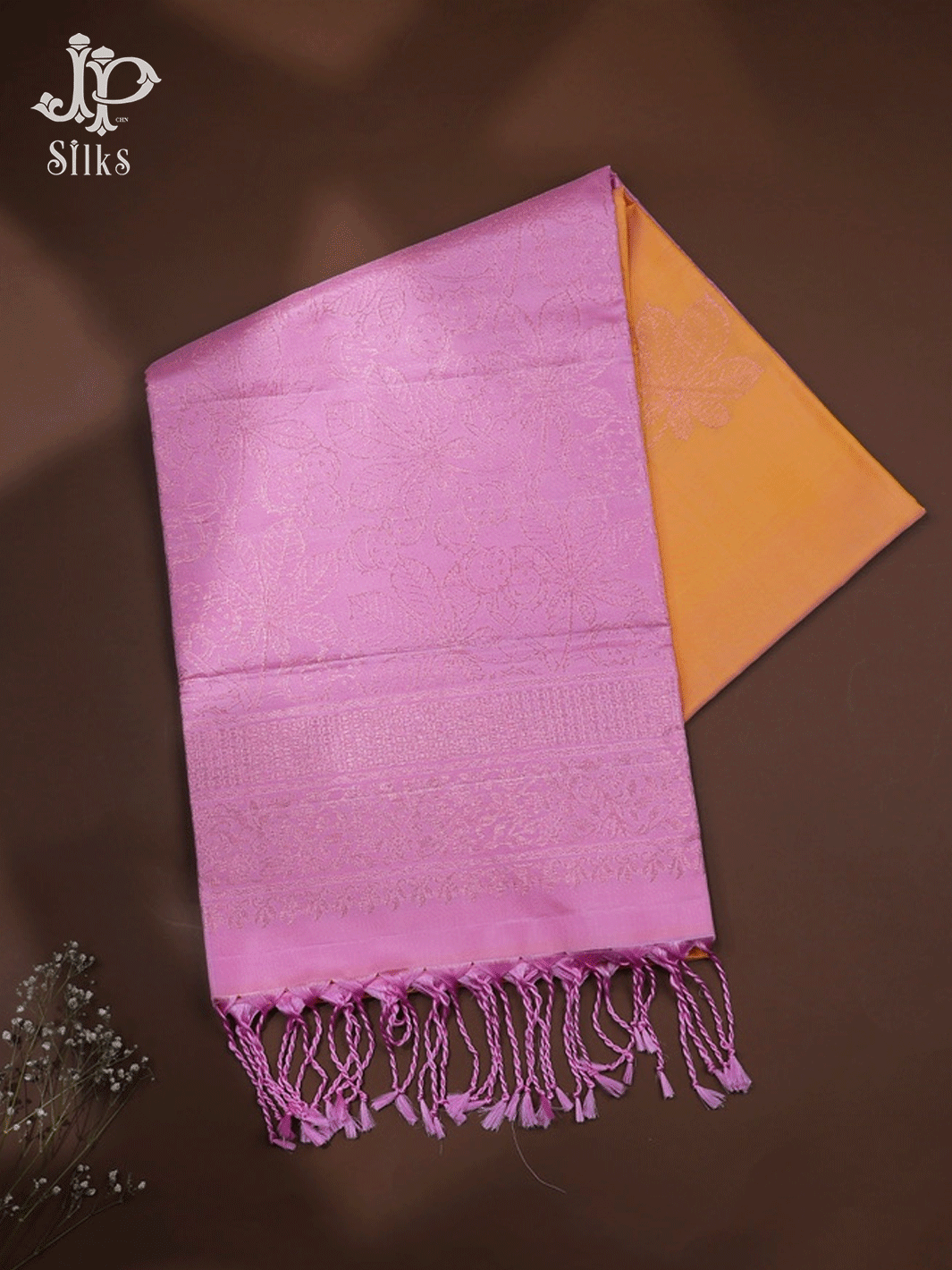 Pink ,Peach and Yellow leaf Motif Soft Silk Saree - E5617