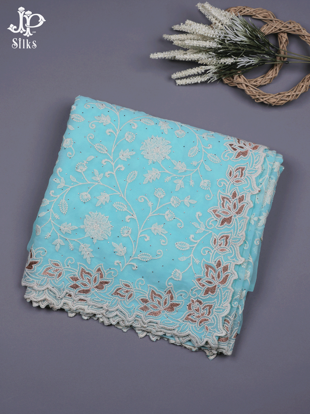 Sky Blue Thread Embroidery Georgette Fancy Saree - E5530