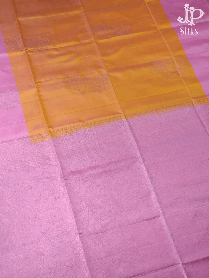 Pink ,Peach and Yellow leaf Motif Soft Silk Saree - E5617 - View 4