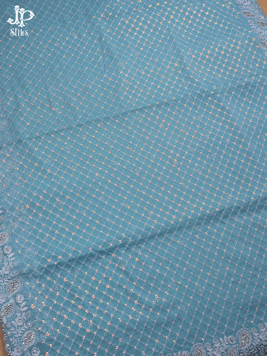 Turquoise Blue Sequin Work Shimmer Chiffon Fancy Saree - E5417 - View 4