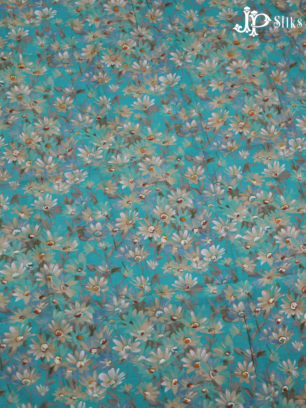 White and Teal Blue with Floral Design Semi Chanderi Chudidhar Material - E6137 - View 3