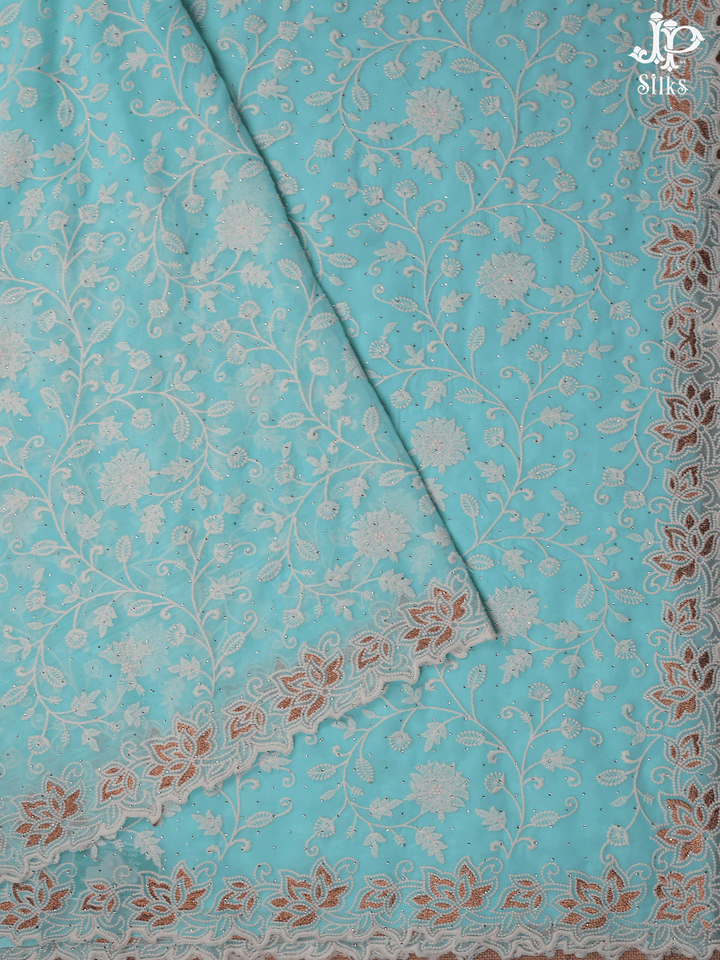 Sky Blue Thread Embroidery Georgette Fancy Saree - E5530 - View 2