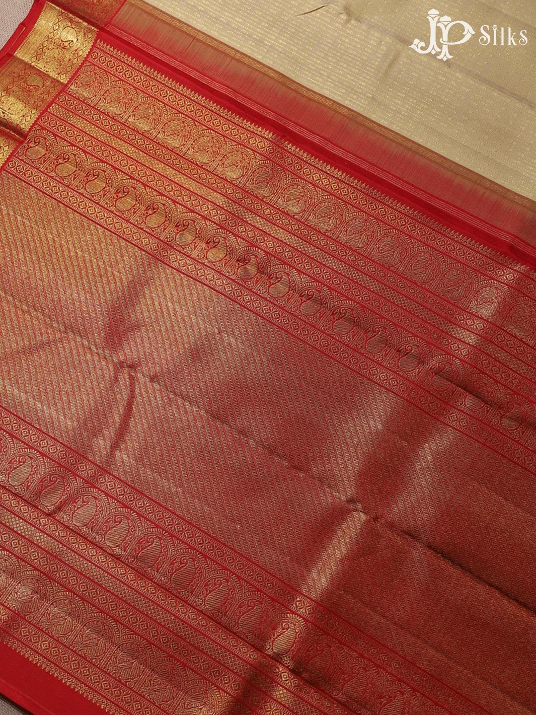 Cream with Vertical Stripes Kanchipuram Silk Saree - E5126 - View 5