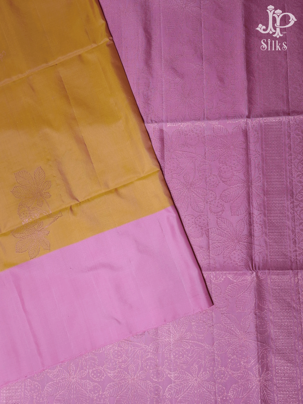 Pink ,Peach and Yellow leaf Motif Soft Silk Saree - E5617 - View 1