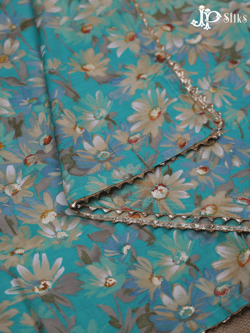 White and Teal Blue with Floral Design Semi Chanderi Chudidhar Material - E6137 - View 5