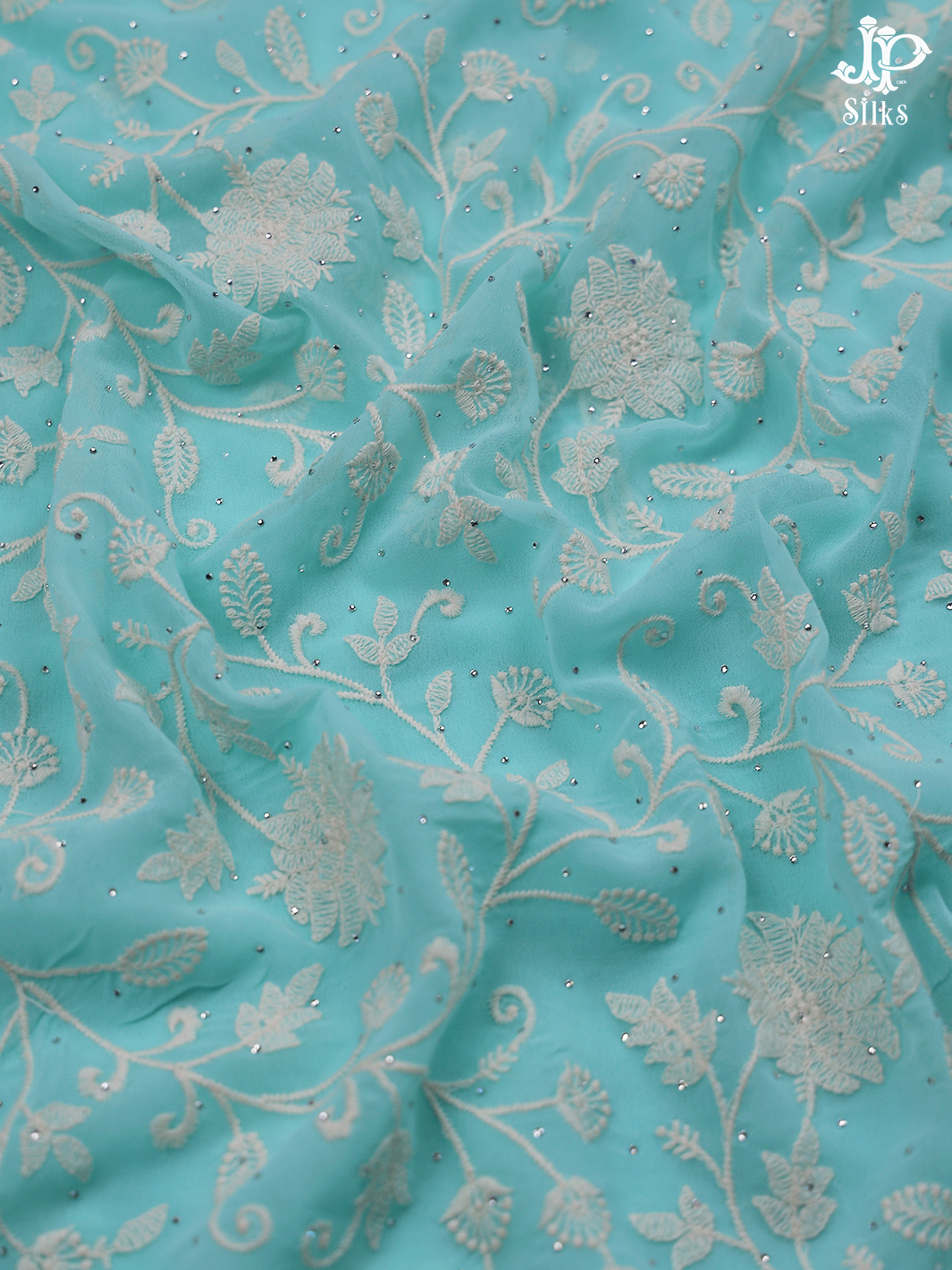 Sky Blue Thread Embroidery Georgette Fancy Saree - E5530 - View 7
