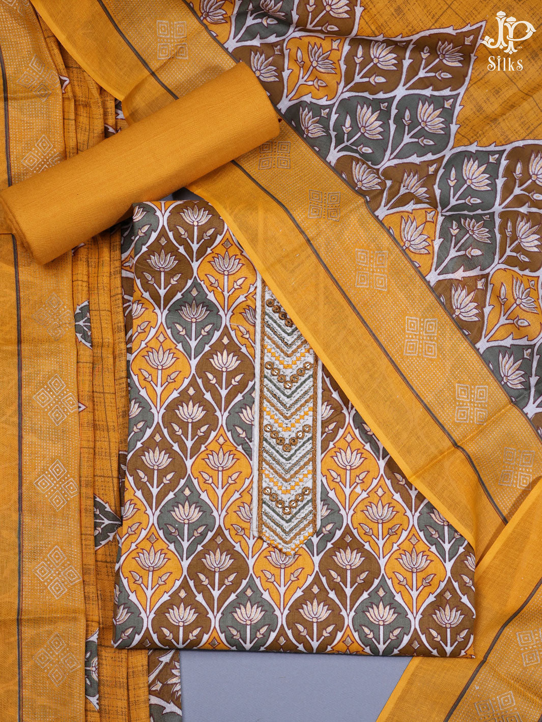 Brown Mustard and Grey Cotton Chudidhar Material - D10220