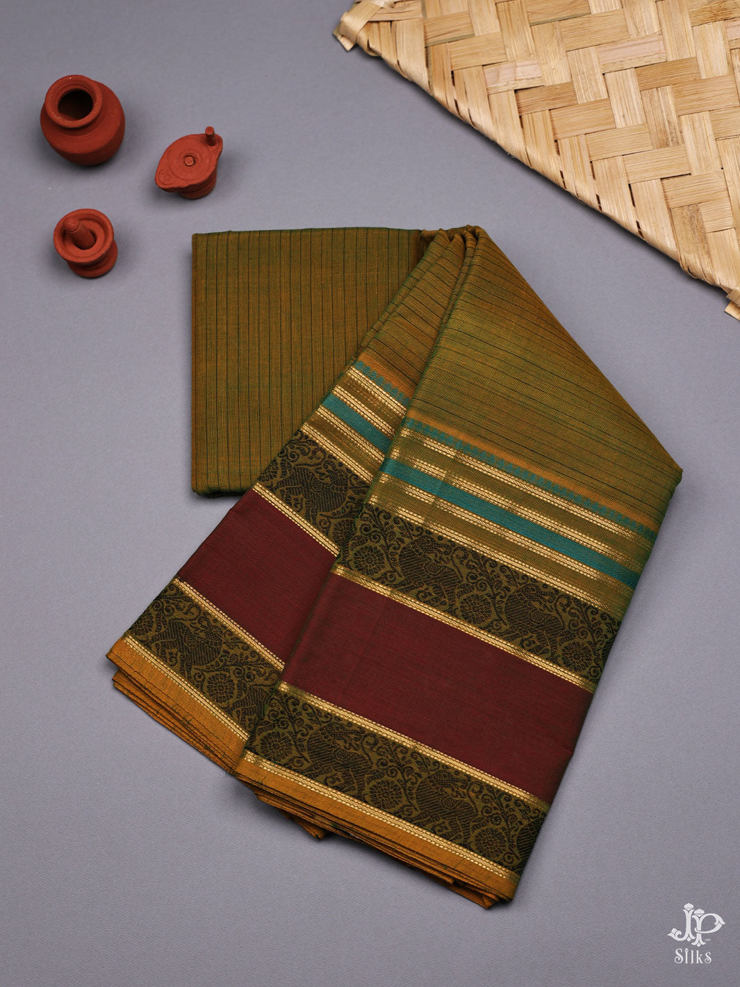 Olive Green and Maroon Pure Kanchi Cotton Saree - D9750 - View 1