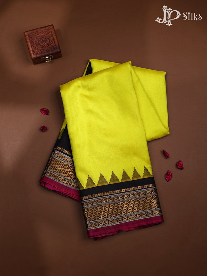 Lime Yellow and Black Gadwal Silk Saree - A3605