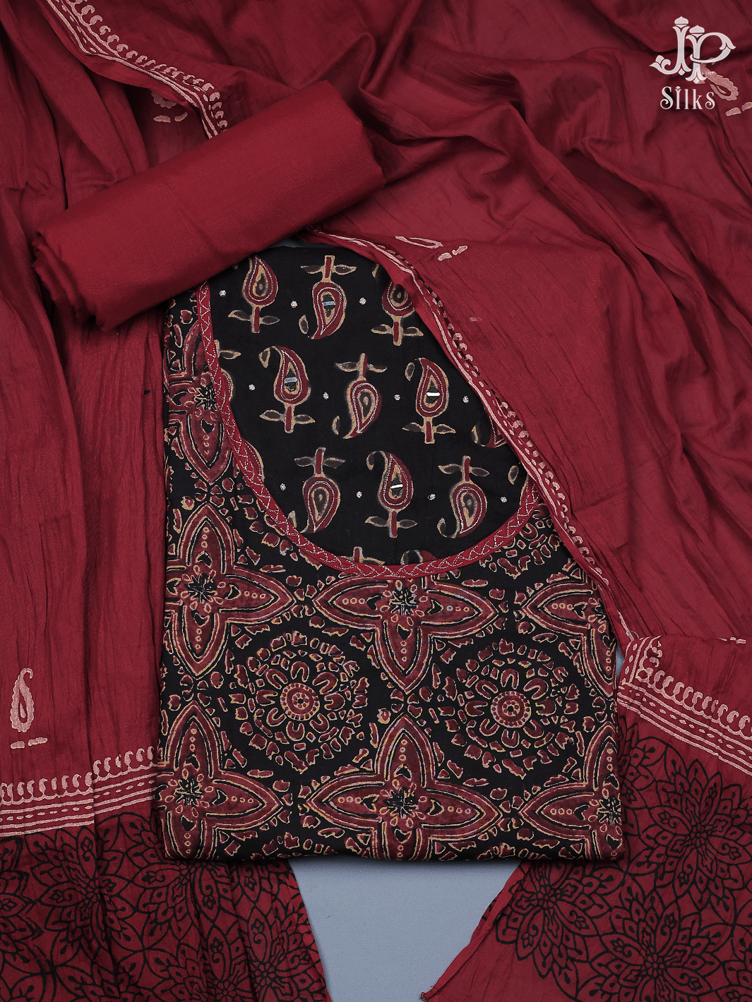 Maroon and Black Ajrakh Cotton Chudidhar Material - E6168