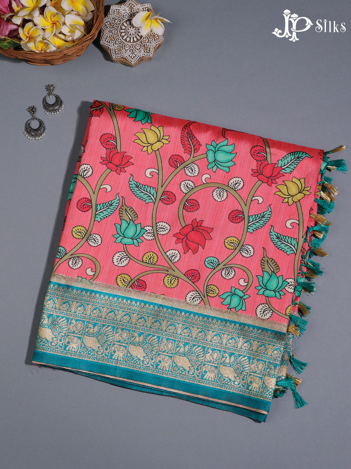 Pink and Teal Blue Semi banaras with Digital Prints Fancy Sarees -  E4000