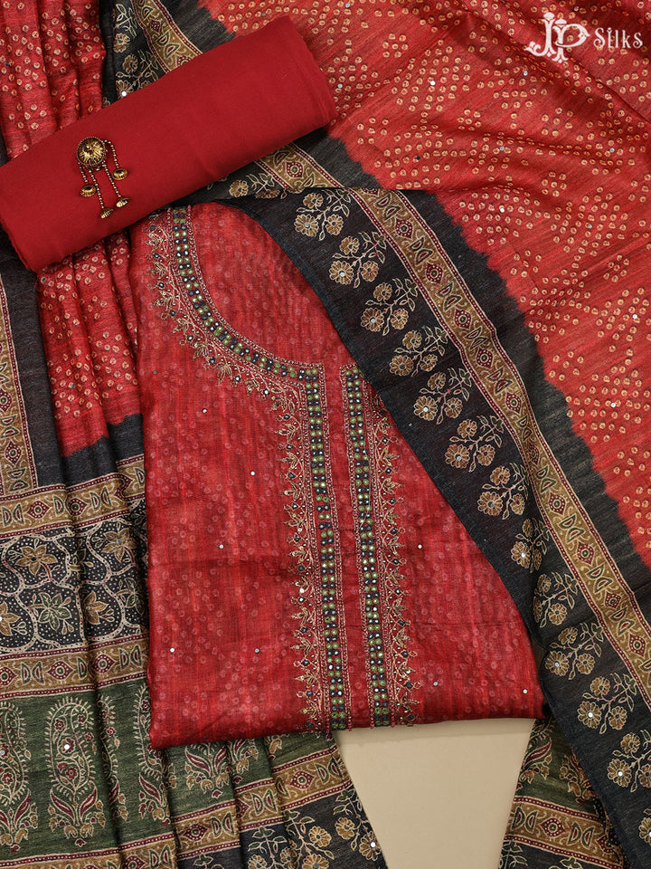Red and Black Tussar Unstiched Chudidhar Material - E1449 - View 1