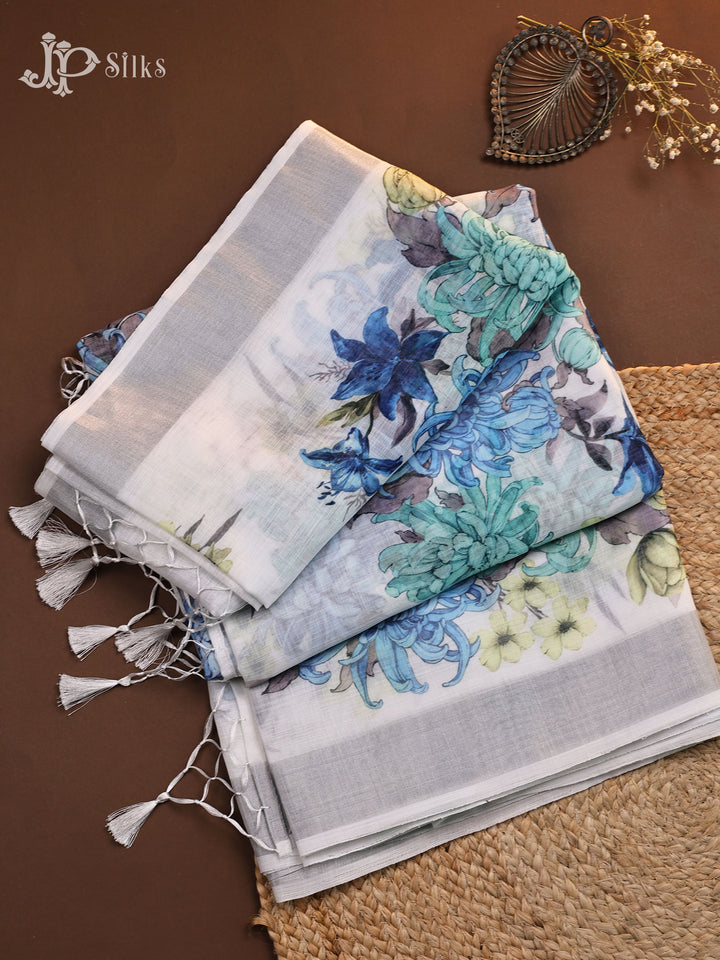 White Linen Cotton Saree -E472