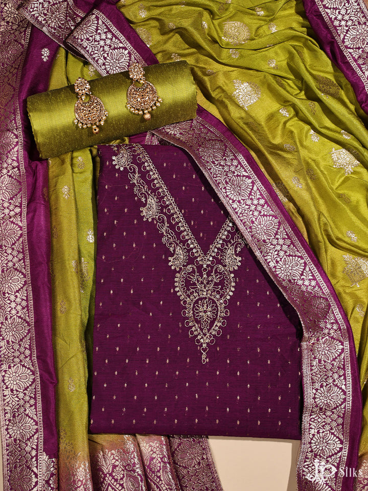 Violet and Green Banaras Unstiched Chudidhar Material - E1866 - View 1