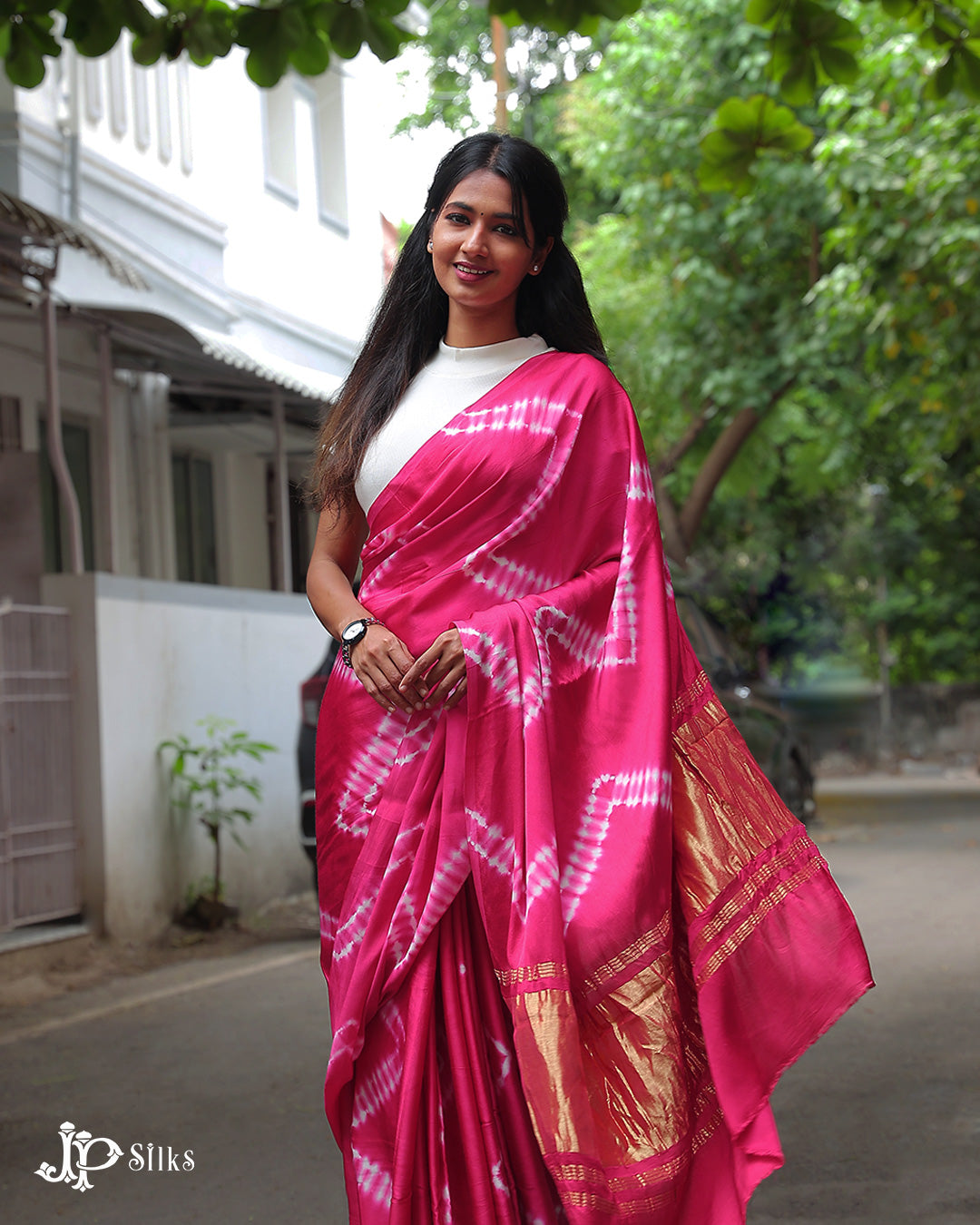 Pink Modal Silk Fancy Saree with Shibori - E4579