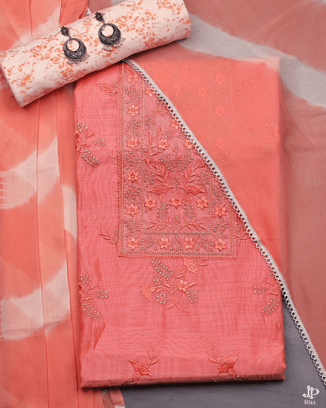 Peach Unstitched Chudidhar Material - D6645 - View 1