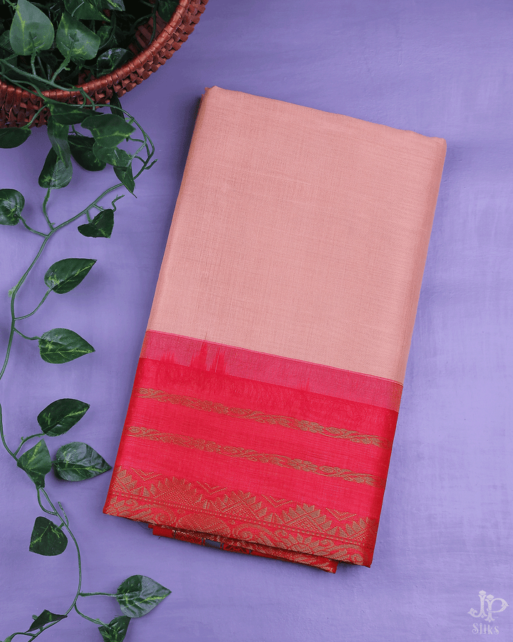 Peach Pink and Red Silk Cotton Saree - D8238 -View 1