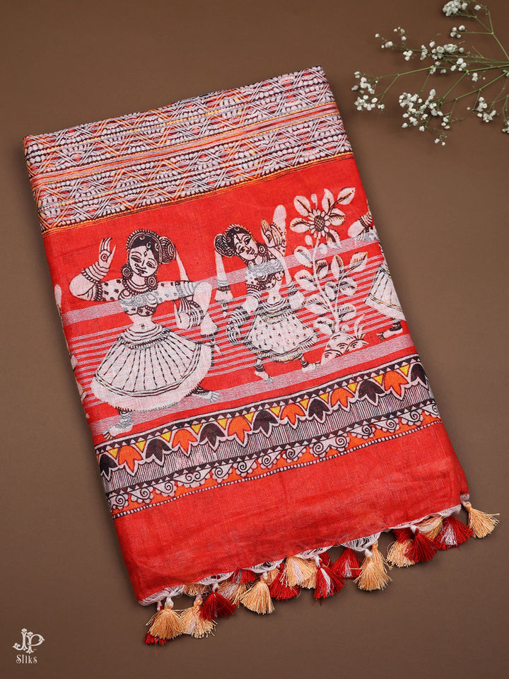 Cream and Pink - Red Linen Saree - D5820 - View 1
