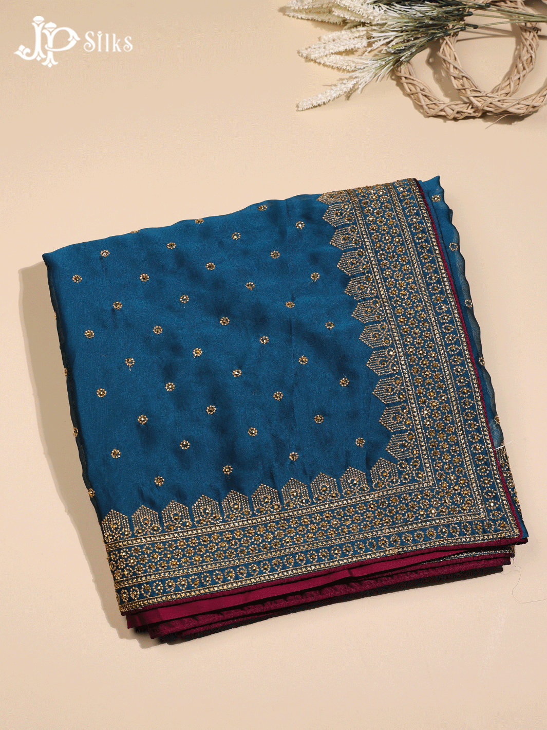 Sea Blue and Maroon Small Buttas Georgette Fancy Saree - D4977