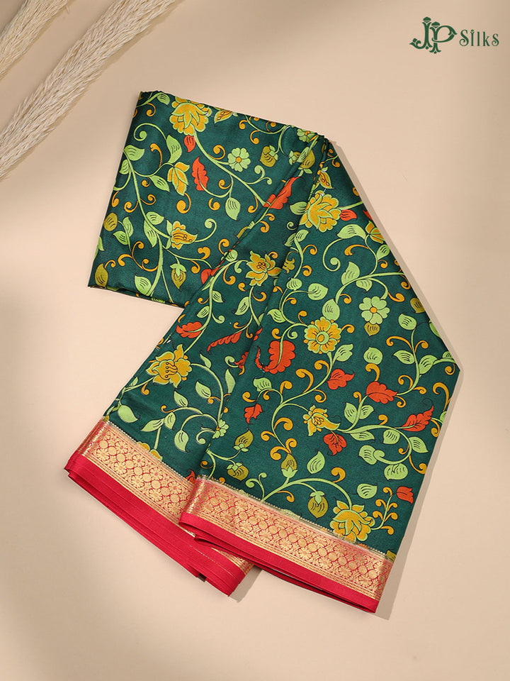 Bottle Green and Red Crepe Raw Silk Saree- E876