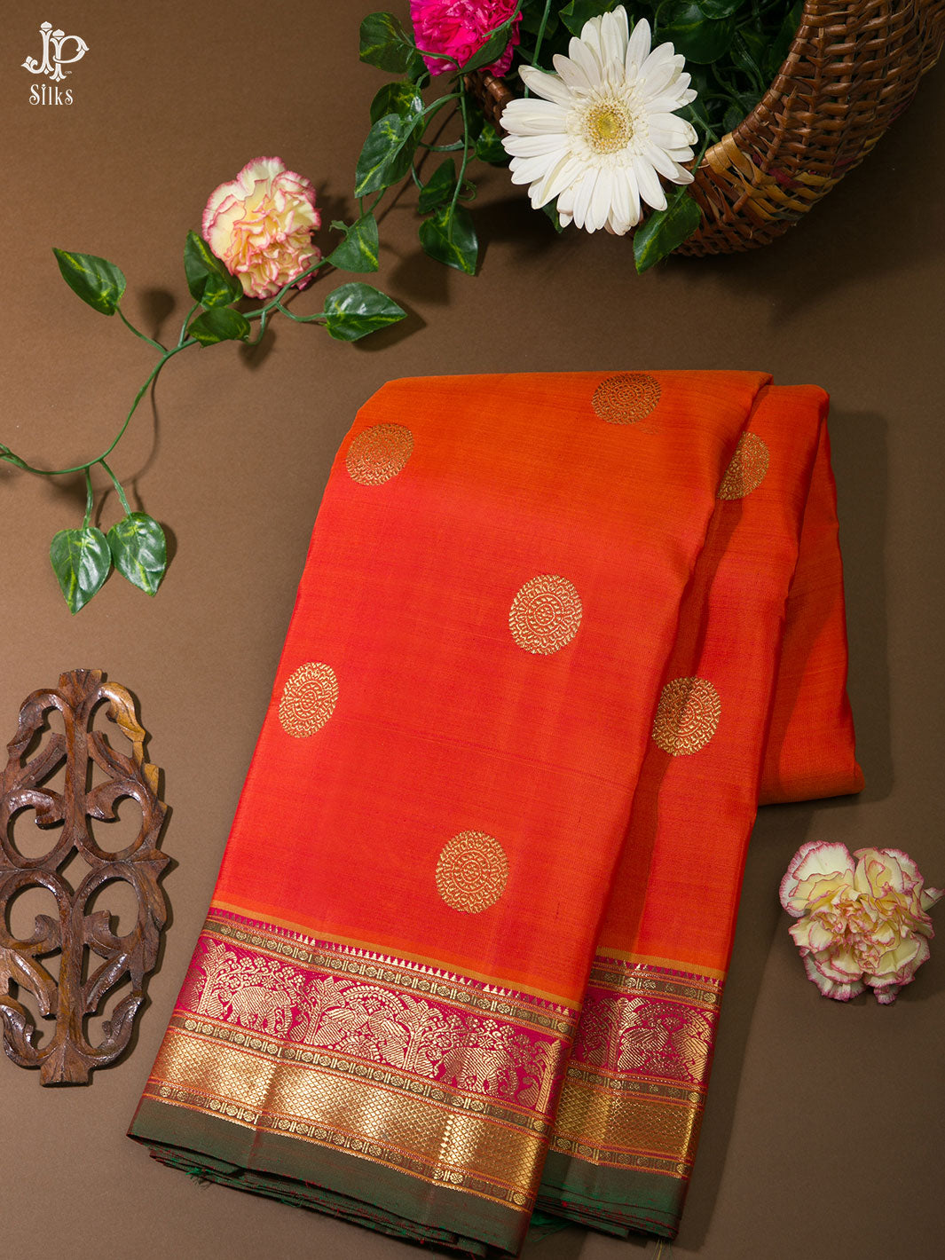 Brick Orange and Pink Kanchipuram Silk Saree - D1029 - View 1