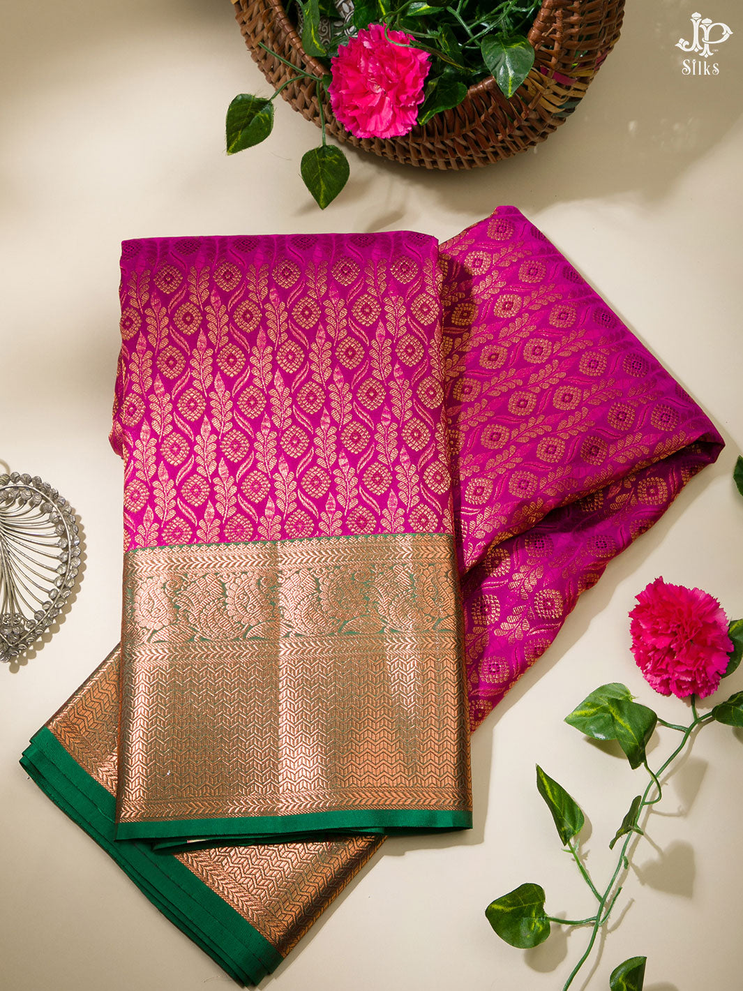 Magenta Pink and Green Kanchipuram Silk Saree - D2807 - View 1