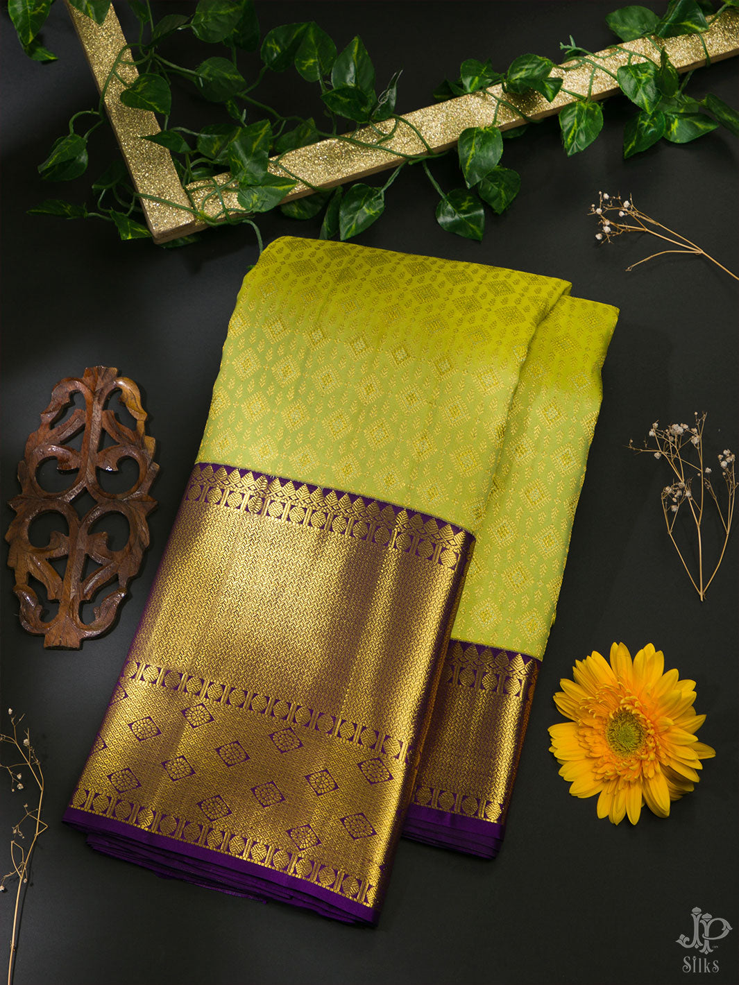 Light Green and Purple Kanchipuram Silk Saree - D6750 - View 1