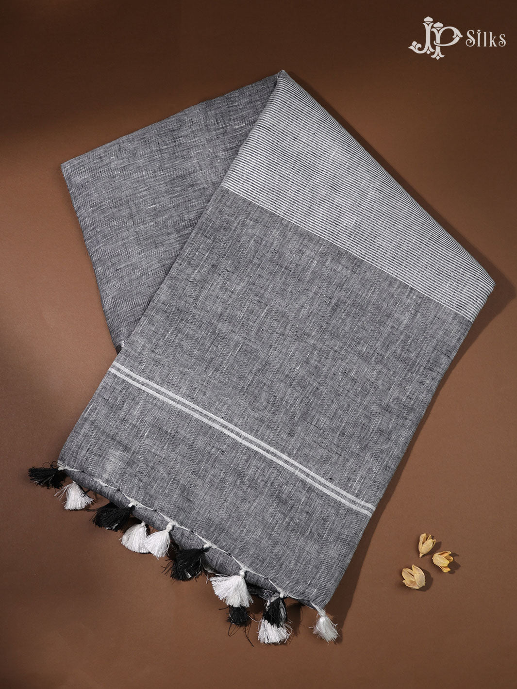 Grey and White Linen Fancy Saree - E4559