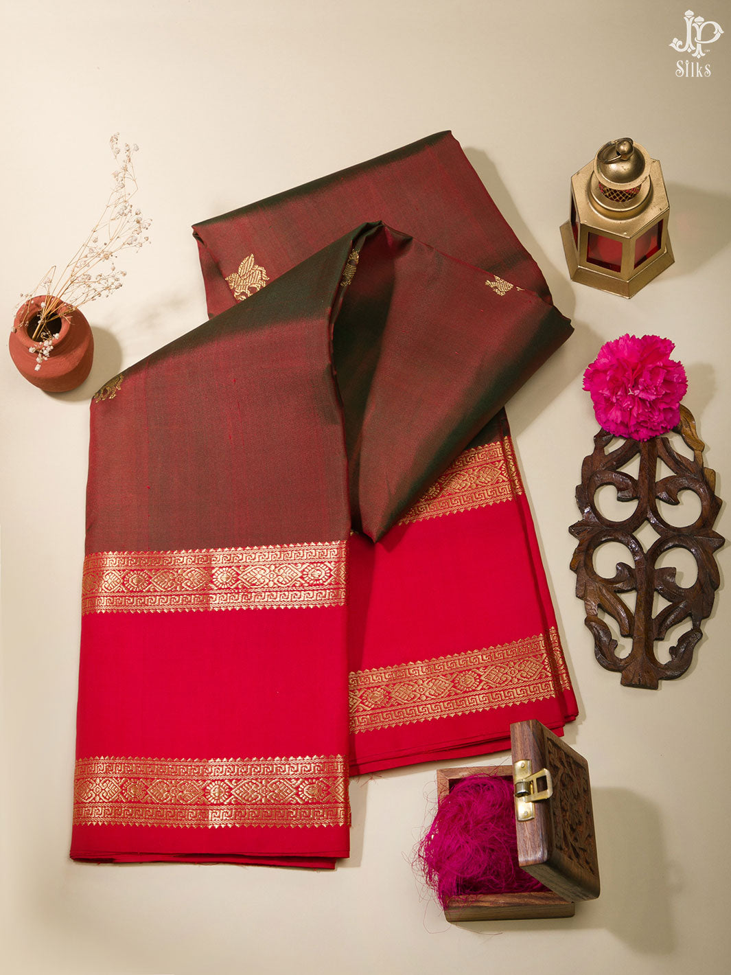 Brick Brown and Red Kanchipuram Silk Saree - D9787 - View 1