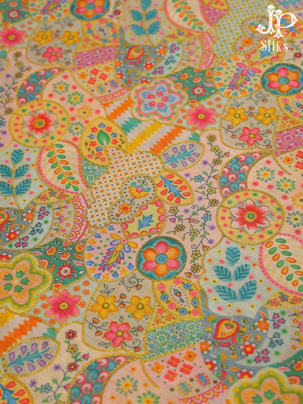 Multicolour Floral Design Semi Raw Silk Fabric - E4203 - View 1