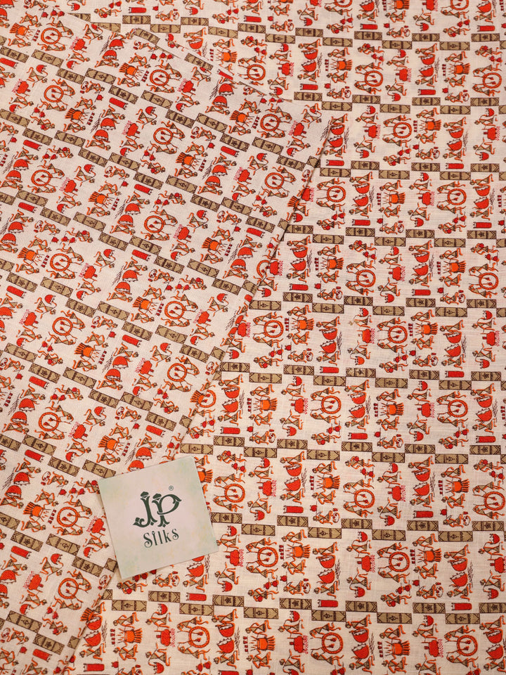 Off-White and orange Cotton Fabric - A6552 - View 2