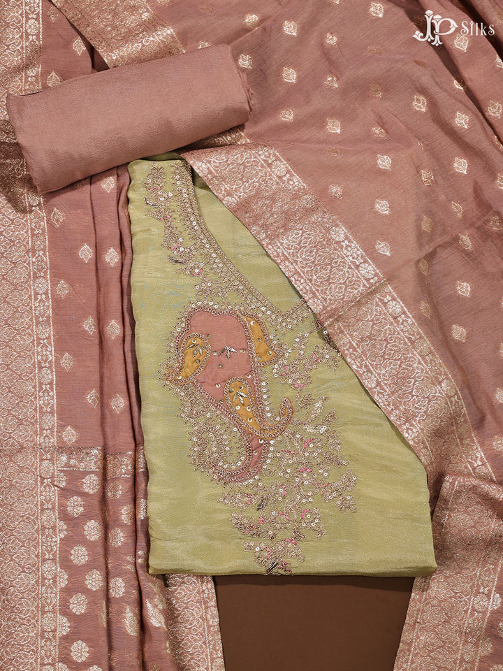 Green and Peach Banaras Cotton Unstiched Chudidhar Material - E1878 - View 1