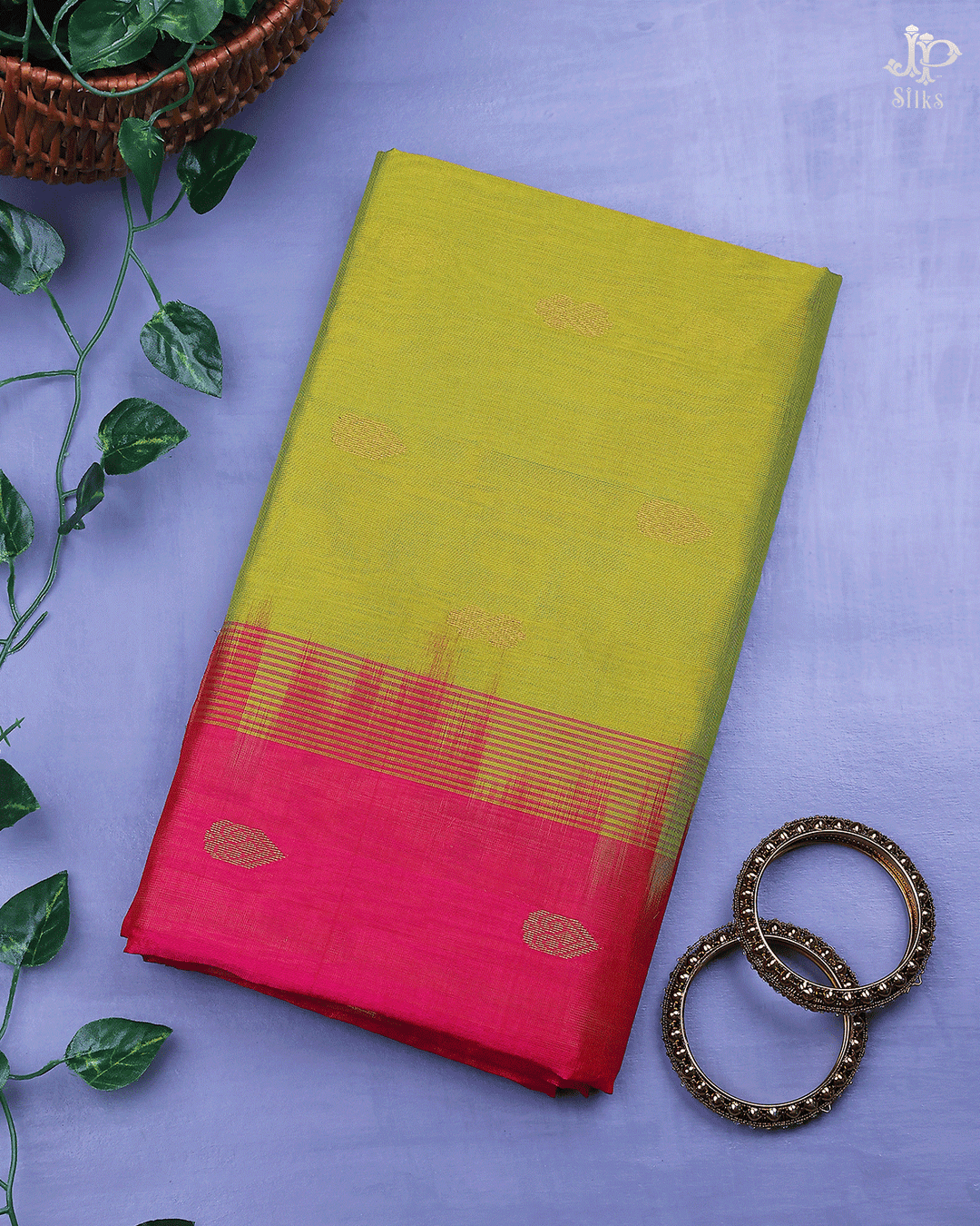 Mehendi Green and Pink Silk Cotton Saree - D8199 - View 1