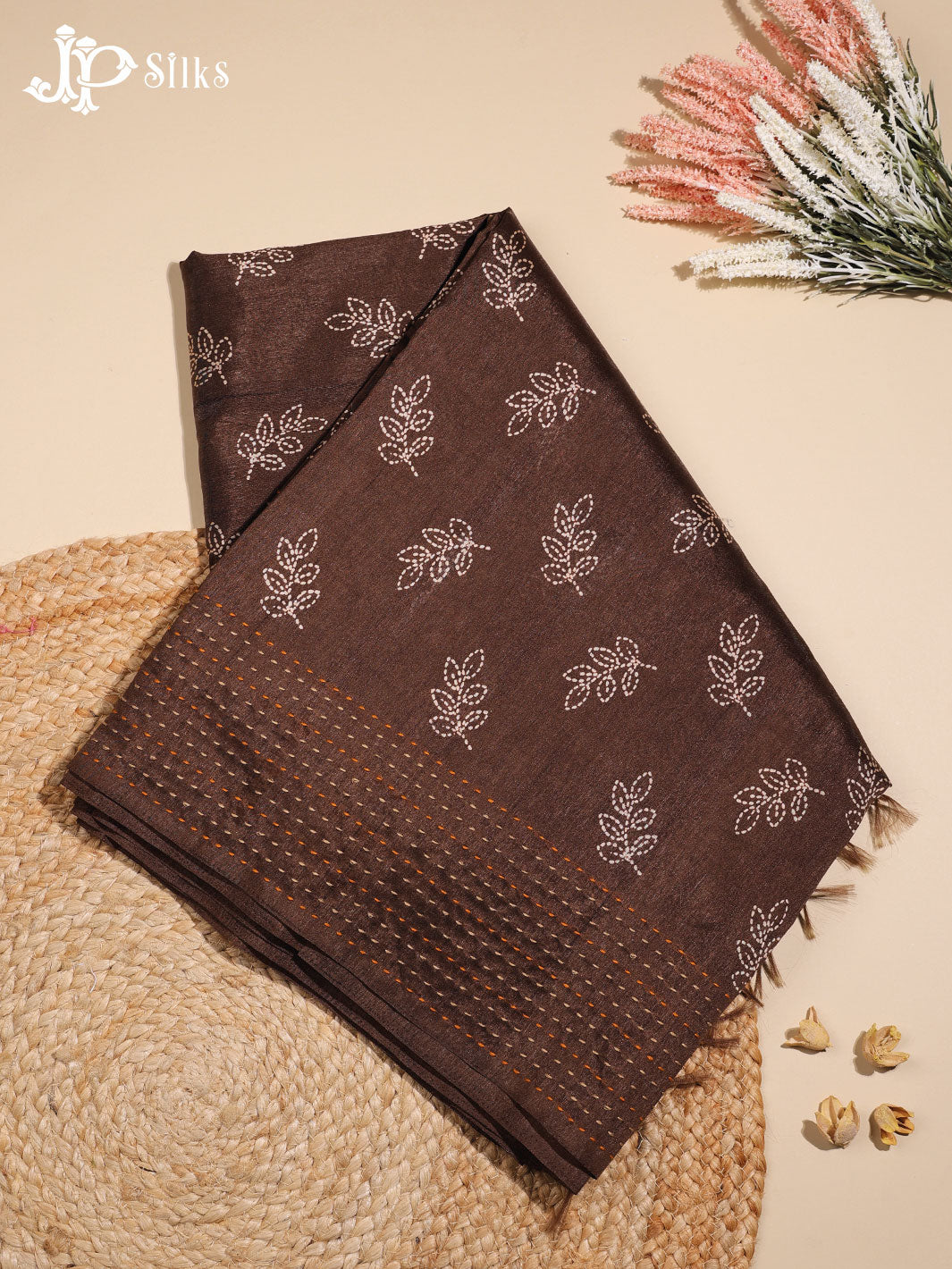 Coffee Brown Leaf Motif Semi Chanderi Fancy Saree - E3241