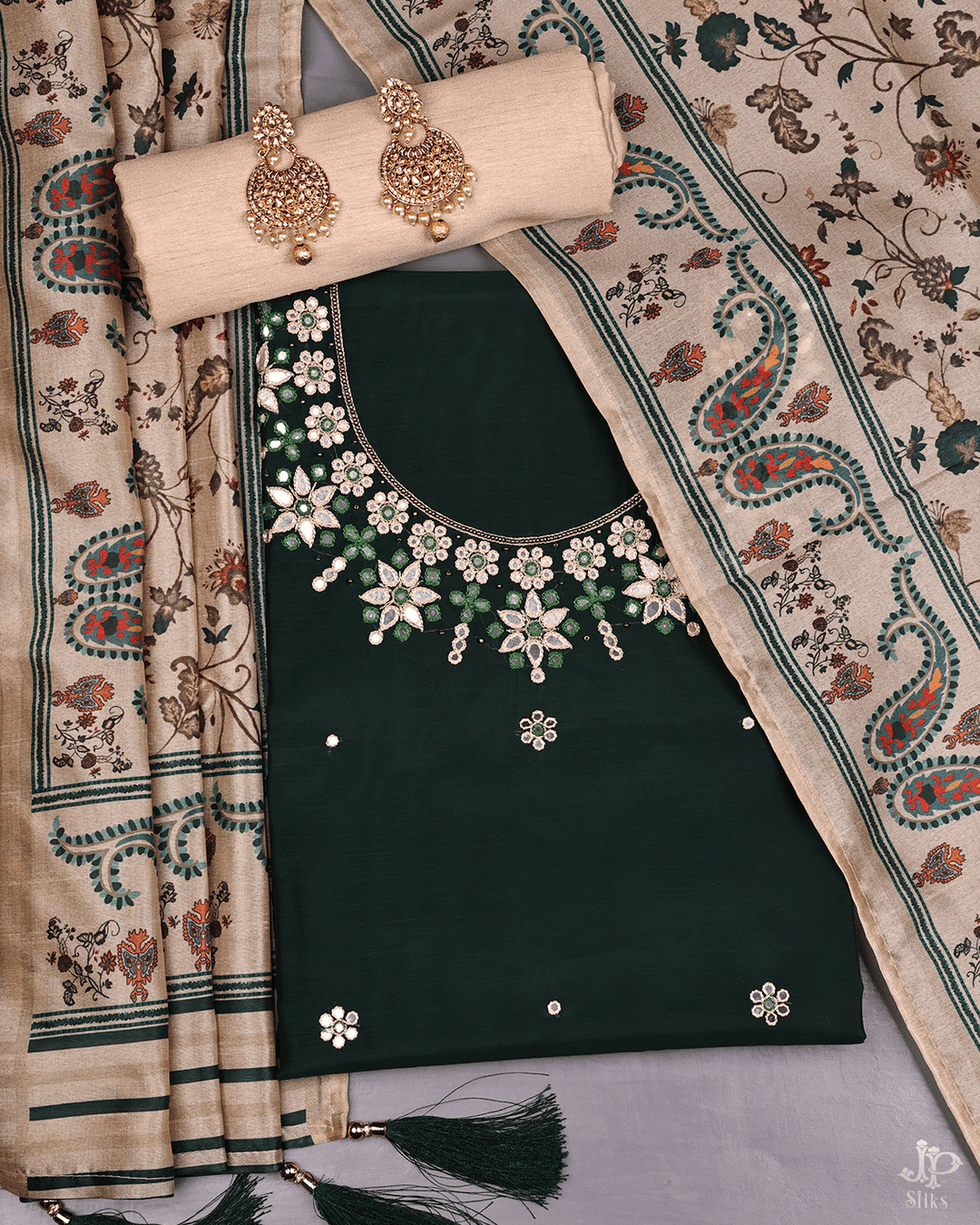 Dark Green and Sandal Unstitched Chudidhar Material - D7092 - View 1