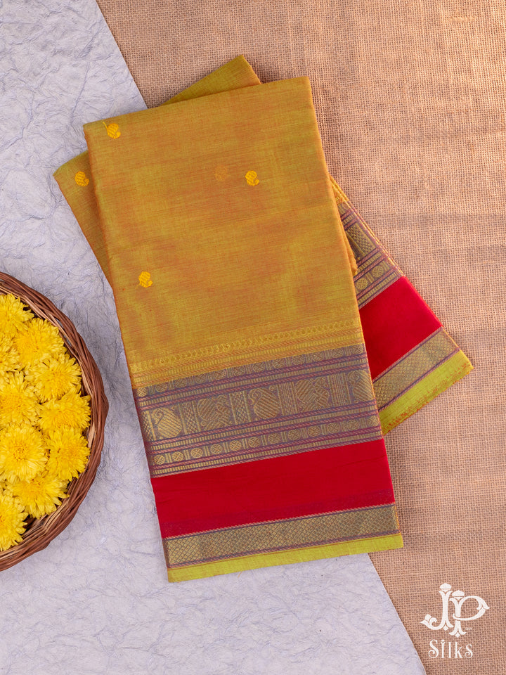Mustard Yellow and Red Cotton Saree - D9680