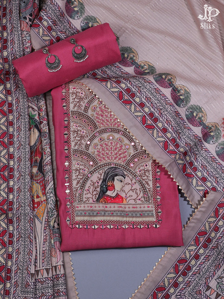 Pink and Multicolor Semi Crepe Chudidhar Material - E1924