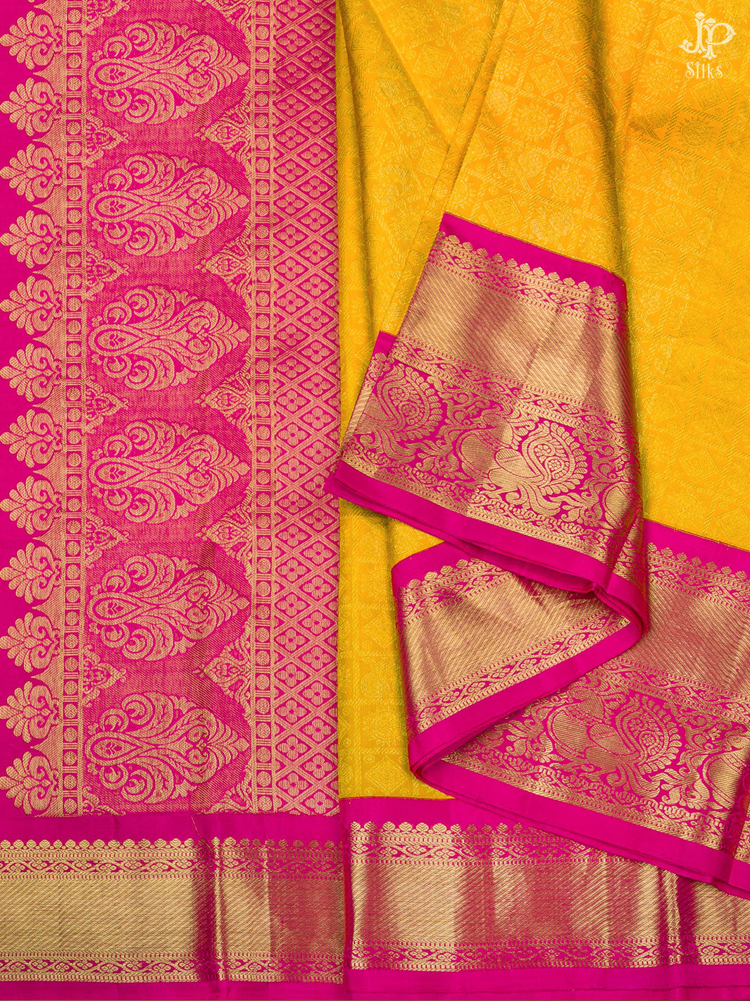 Yellow and Pink Kanchipuram Silk Saree - A7033 - View 5
