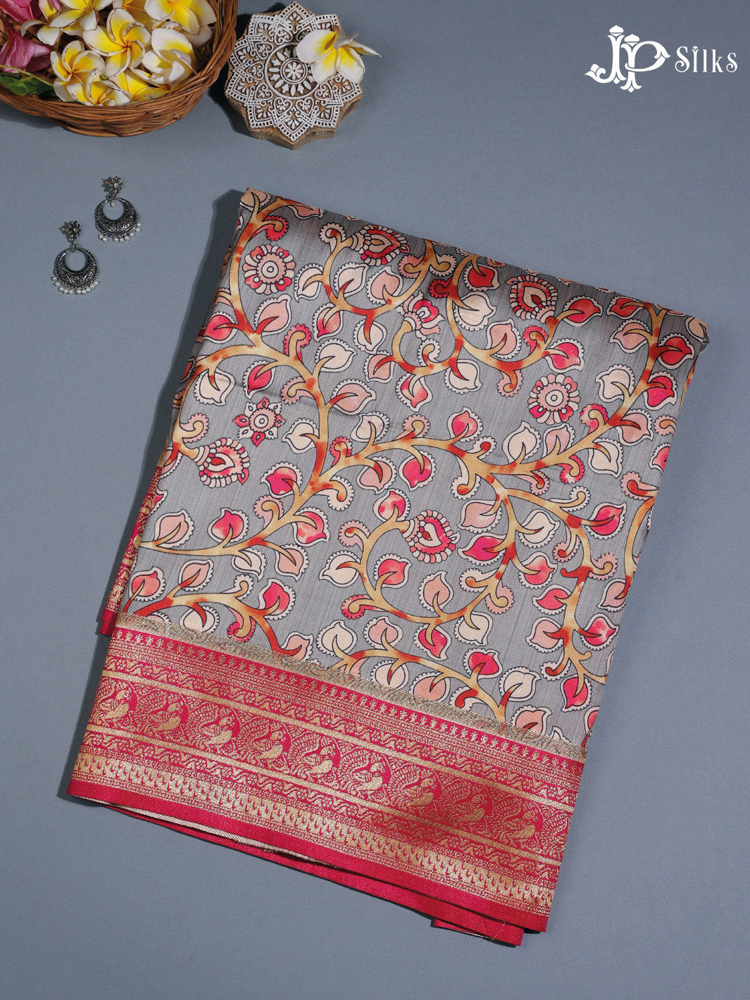 Grey and Hot Pink Semi banaras with Digital Prints Fancy Sarees - E4002