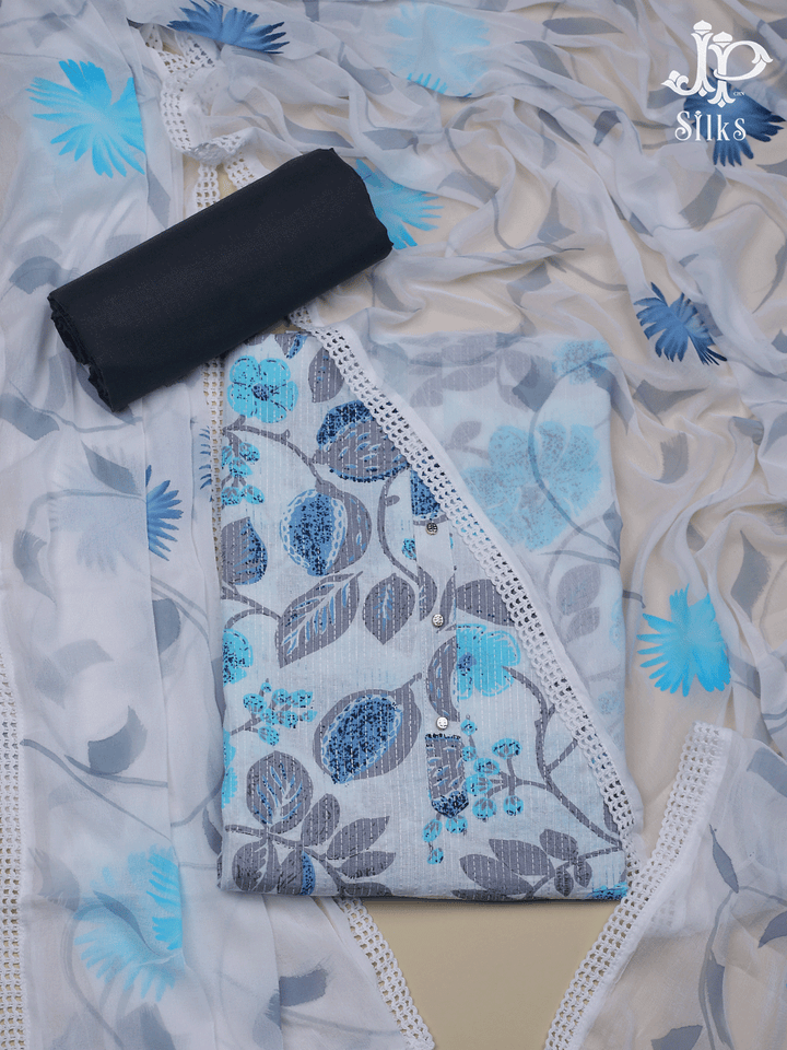 White,Grey and Blue Floral Design Cotton Chudidhar Material - E6104