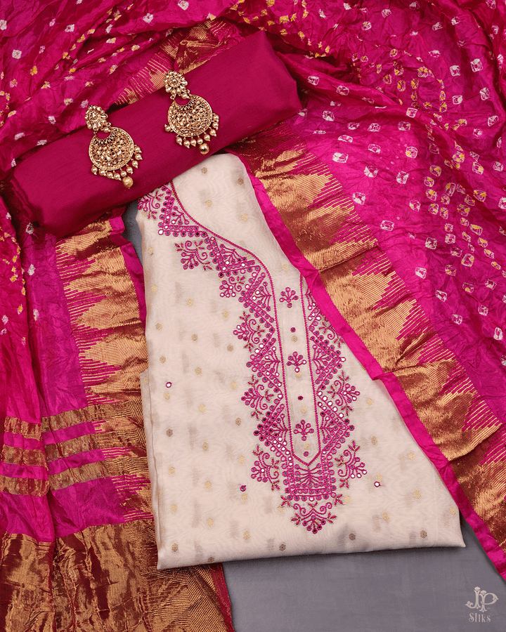 Rani Pink and Off - White Unstitched Chudidhar Material - D7101 - View 1