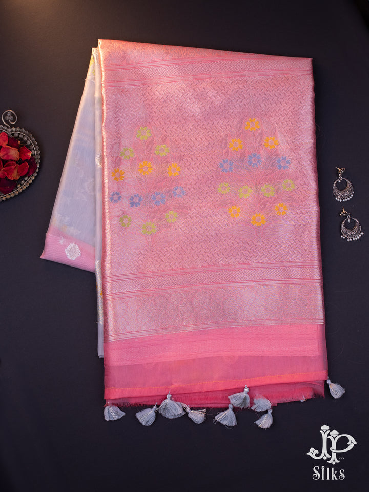 Grey and Baby Pink Organza Fancy Saree - D7272