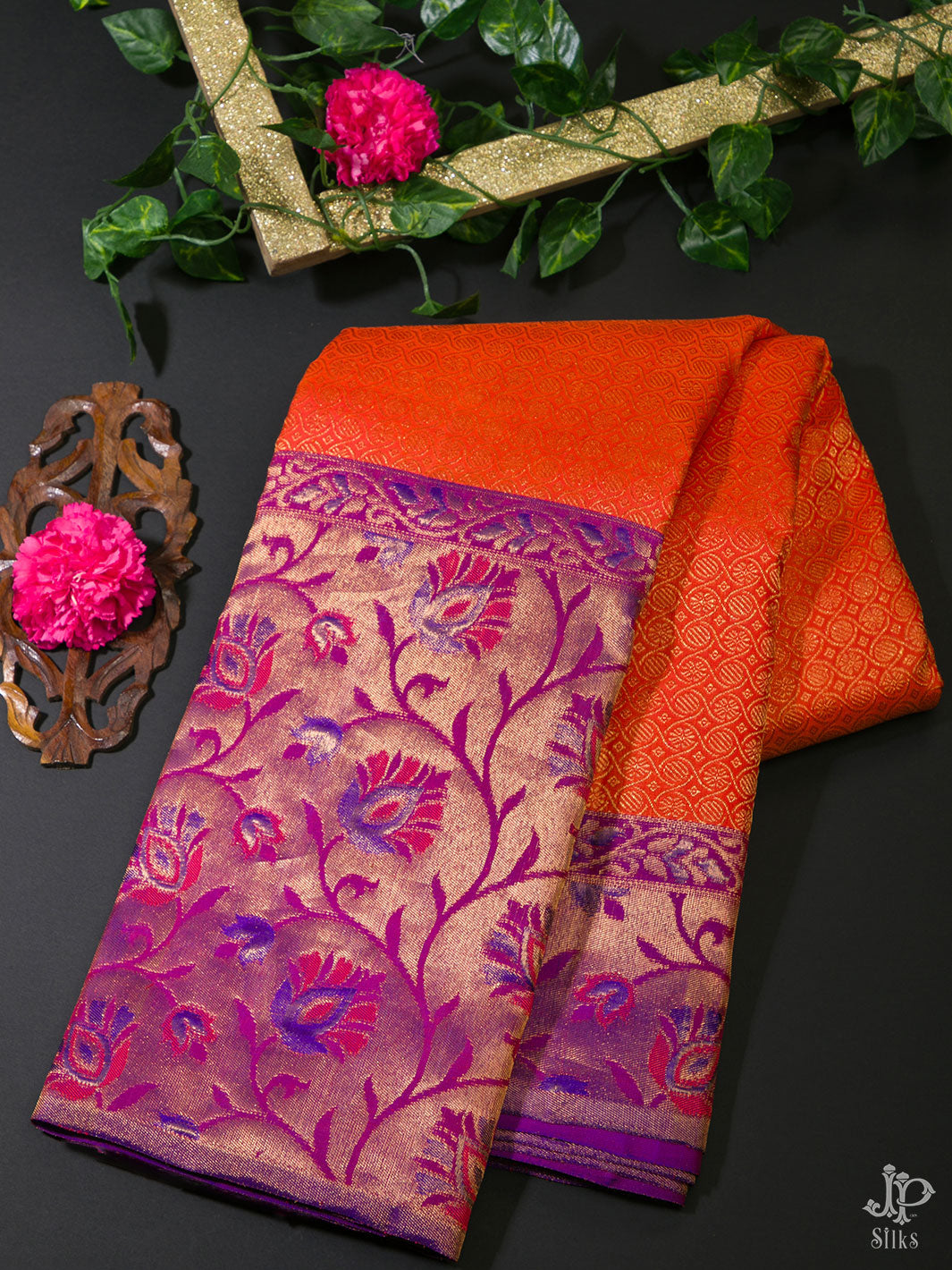 Orange and Purple Kanchipuram Silk Saree - D2810 - View 1