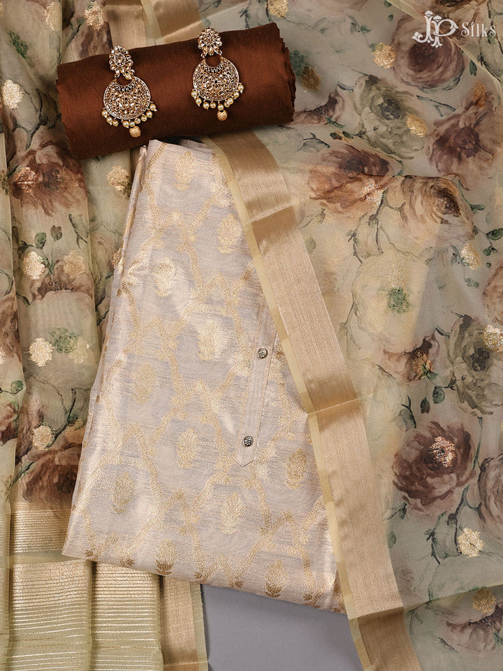 White and Gold Banaras Cotton Unstiched Chudidhar Material - E1933 - View 1